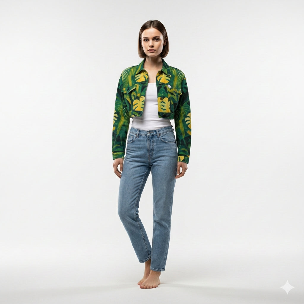 Cropped Jean Cotton Jacket Green Leaves