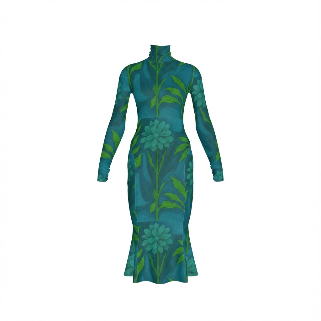 Sarong Maxi Turtleneck Body Con Dress Teal Flowers