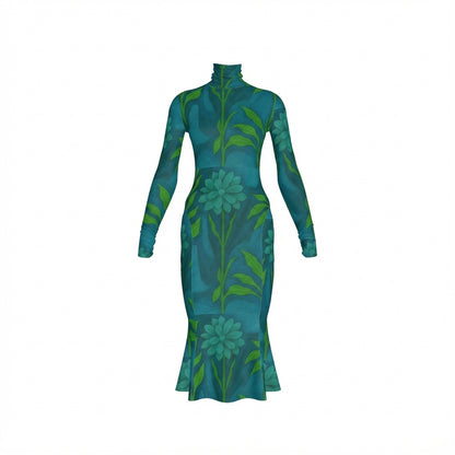 Sarong Maxi Turtleneck Body Con Dress Teal Flowers