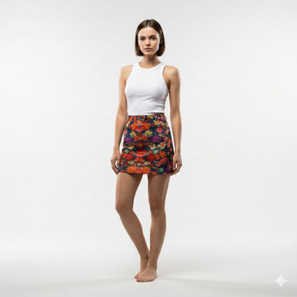 Cropped Denim Mini Skirt Red Flower Bed