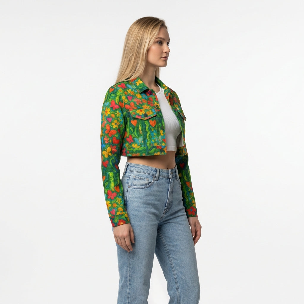 Cropped Jean Cotton Jacket Butterfly Flowers