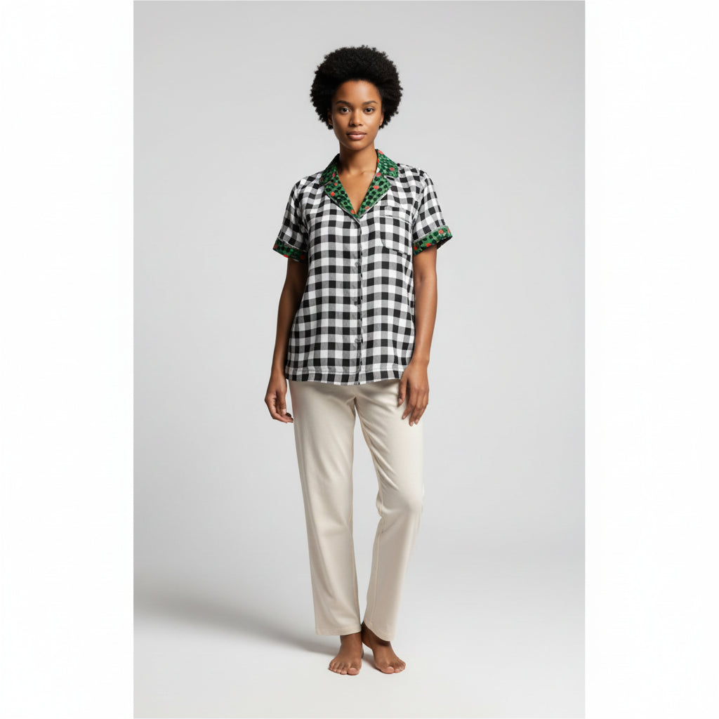 White & Black Buffalo Check Pajama Top