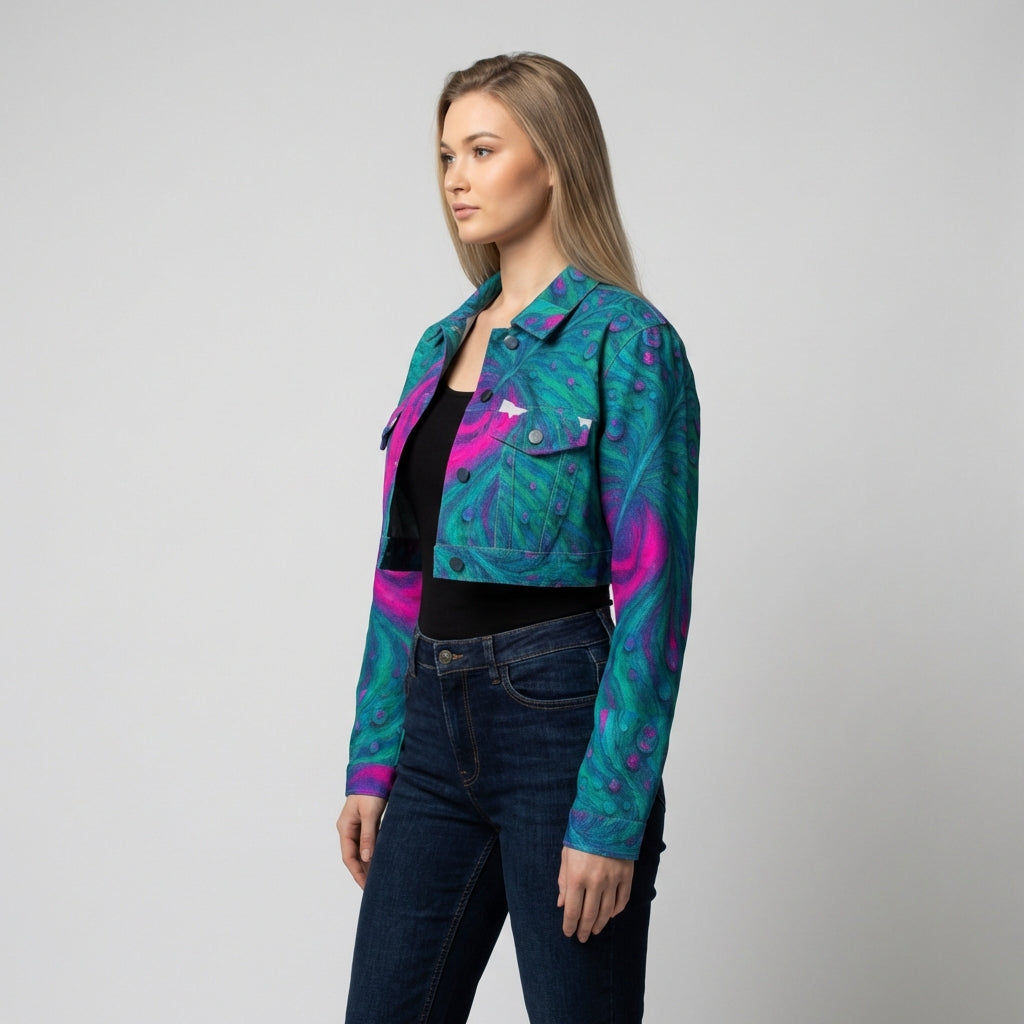 Cropped Jean Cotton Jacket Teal Peacock Feather