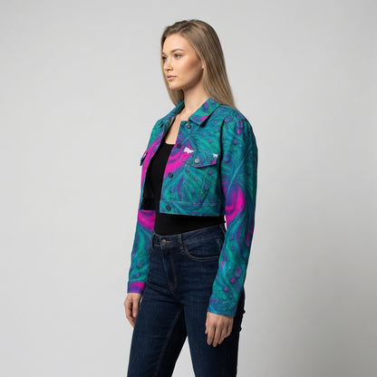 Cropped Jean Cotton Jacket Teal Peacock Feather