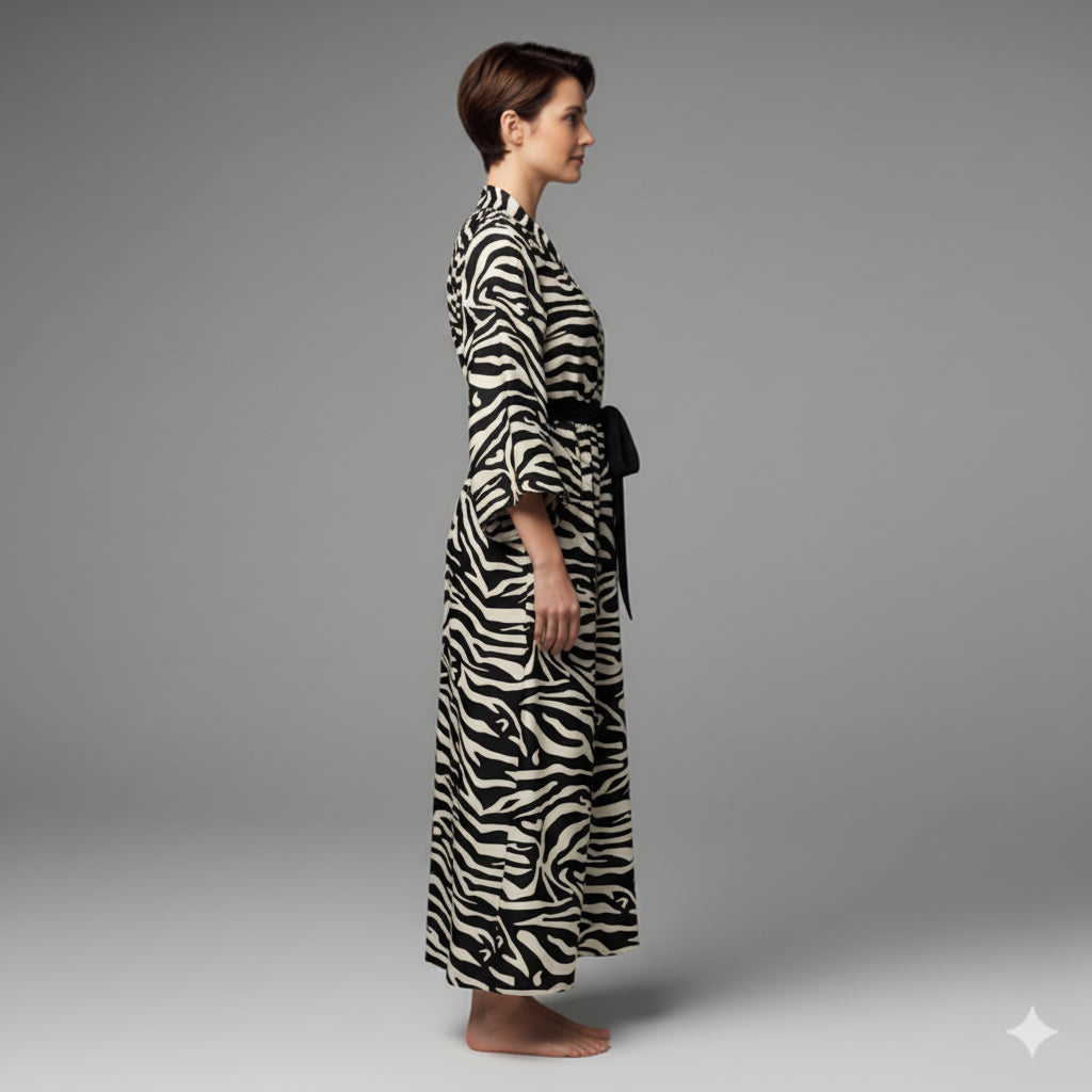 Kimono Sleeve Abaya in Ecovero Viscose Crepe – Black & Ivory Zebra Print