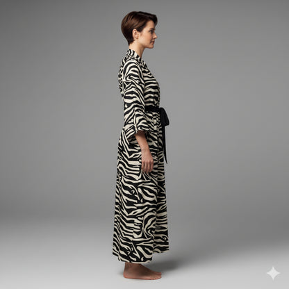 Kimono Sleeve Abaya in Ecovero Viscose Crepe – Black & Ivory Zebra Print