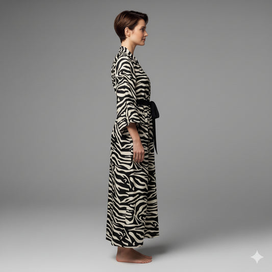 Kimono Sleeve Abaya in Ecovero Viscose Crepe – Black & Ivory Zebra Print