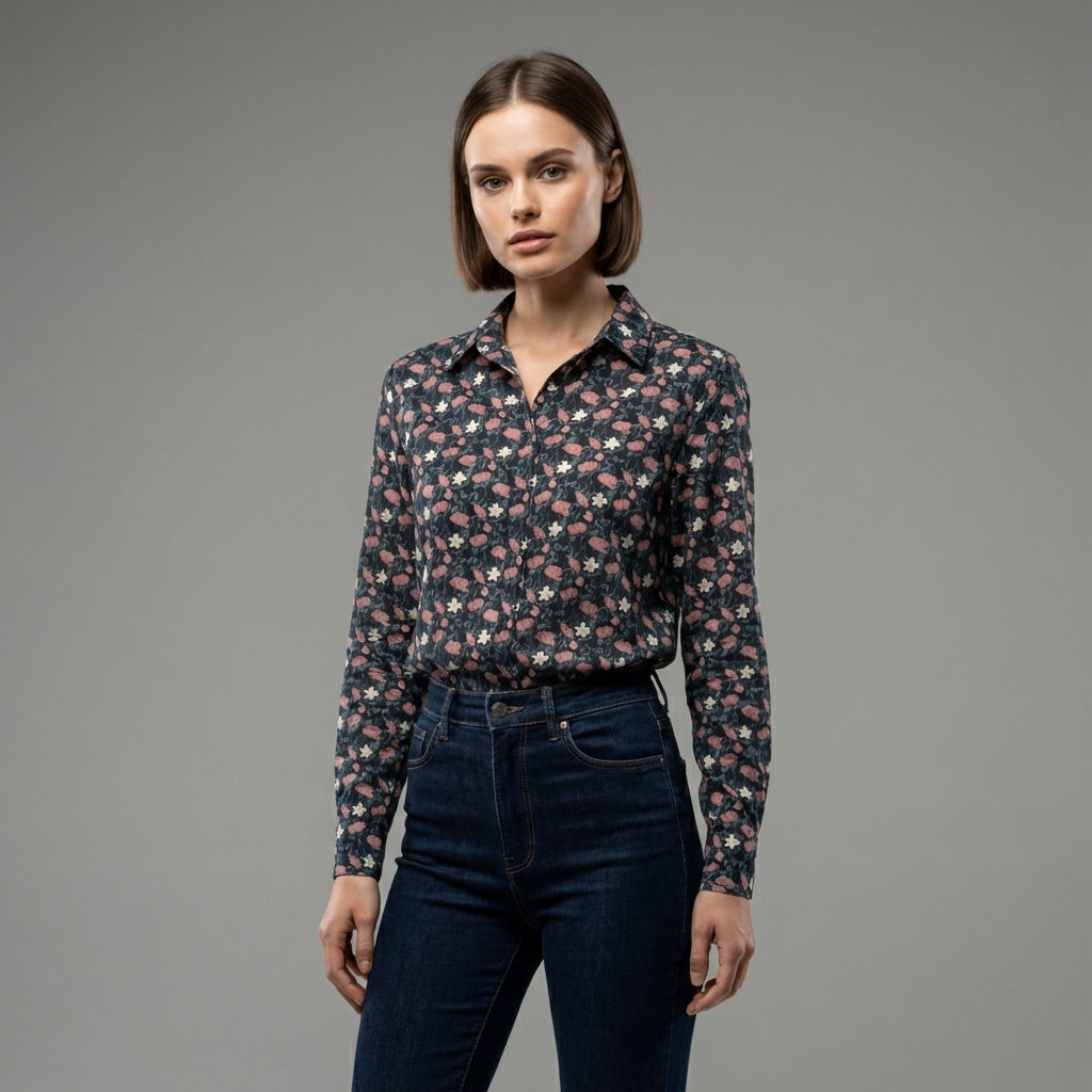 Feminine Floral Button Down Shirt with Handpainted Roses on Navy background