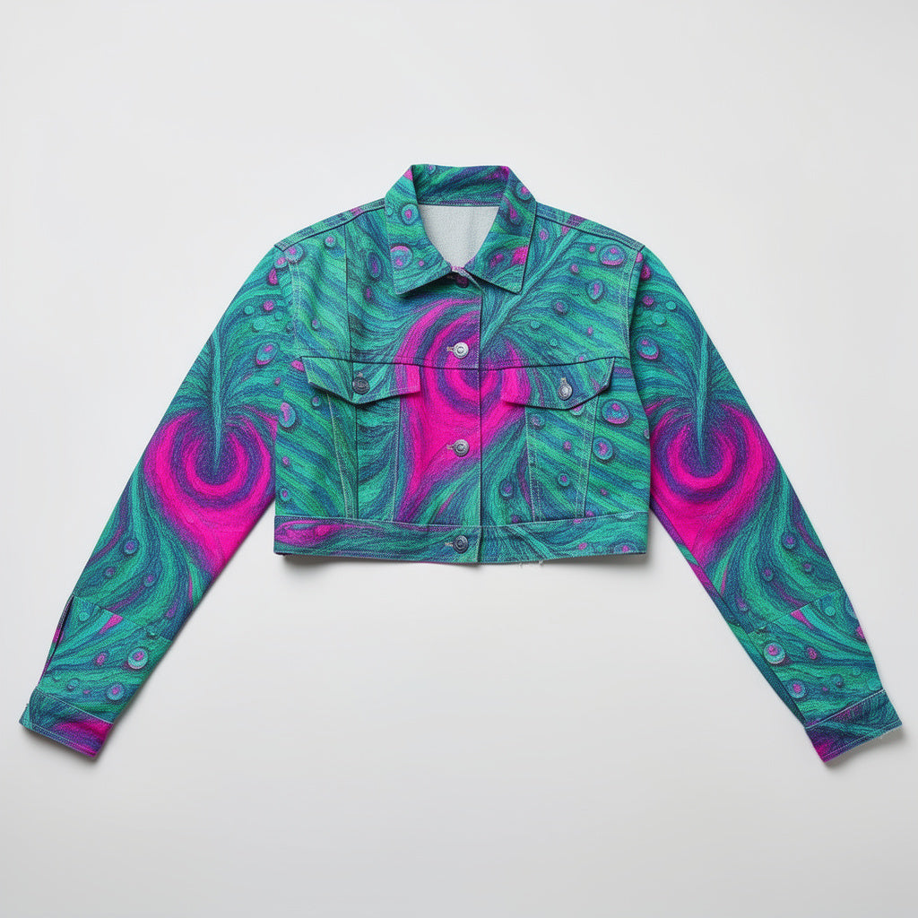 Cropped Jean Cotton Jacket Teal Peacock Feather