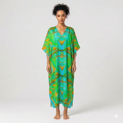 Caftan Palm Tree Island in Lightweight Organic Cotton Voile