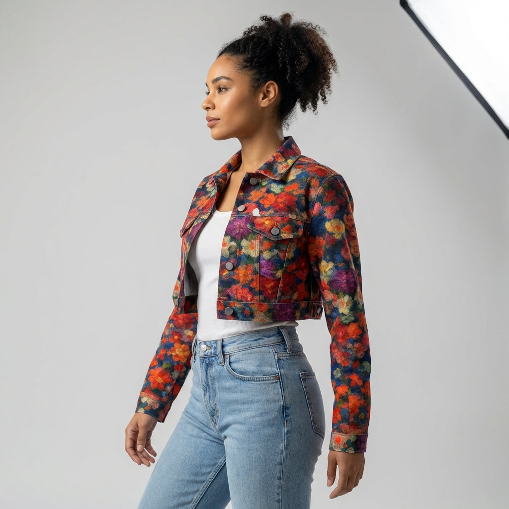 Cropped Jean Cotton Jacket Red Flower Bed
