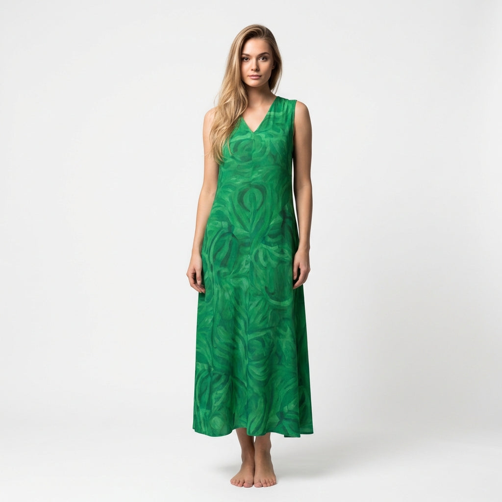 V-Neck A-Line Dress Dark Green Noddles