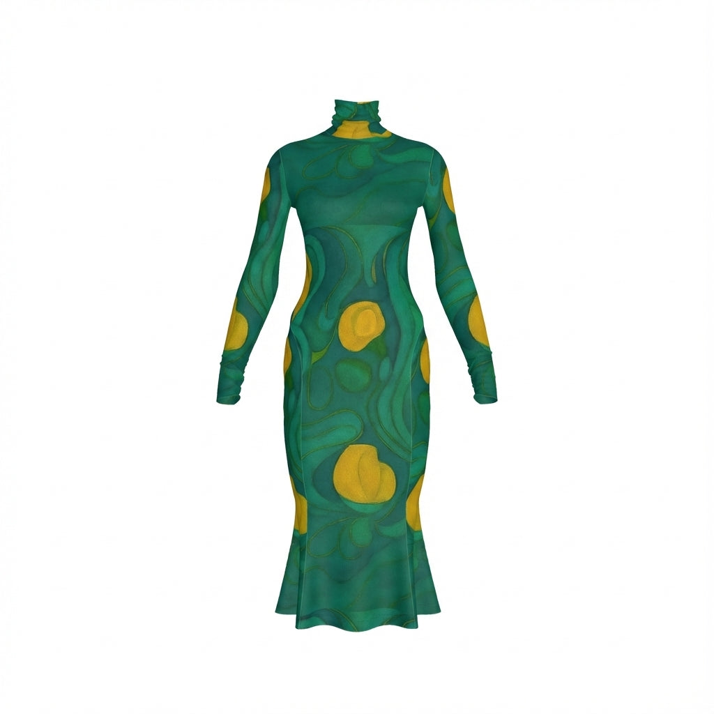  Sarong Maxi Turtleneck Body Con Dress Yellow Flowers