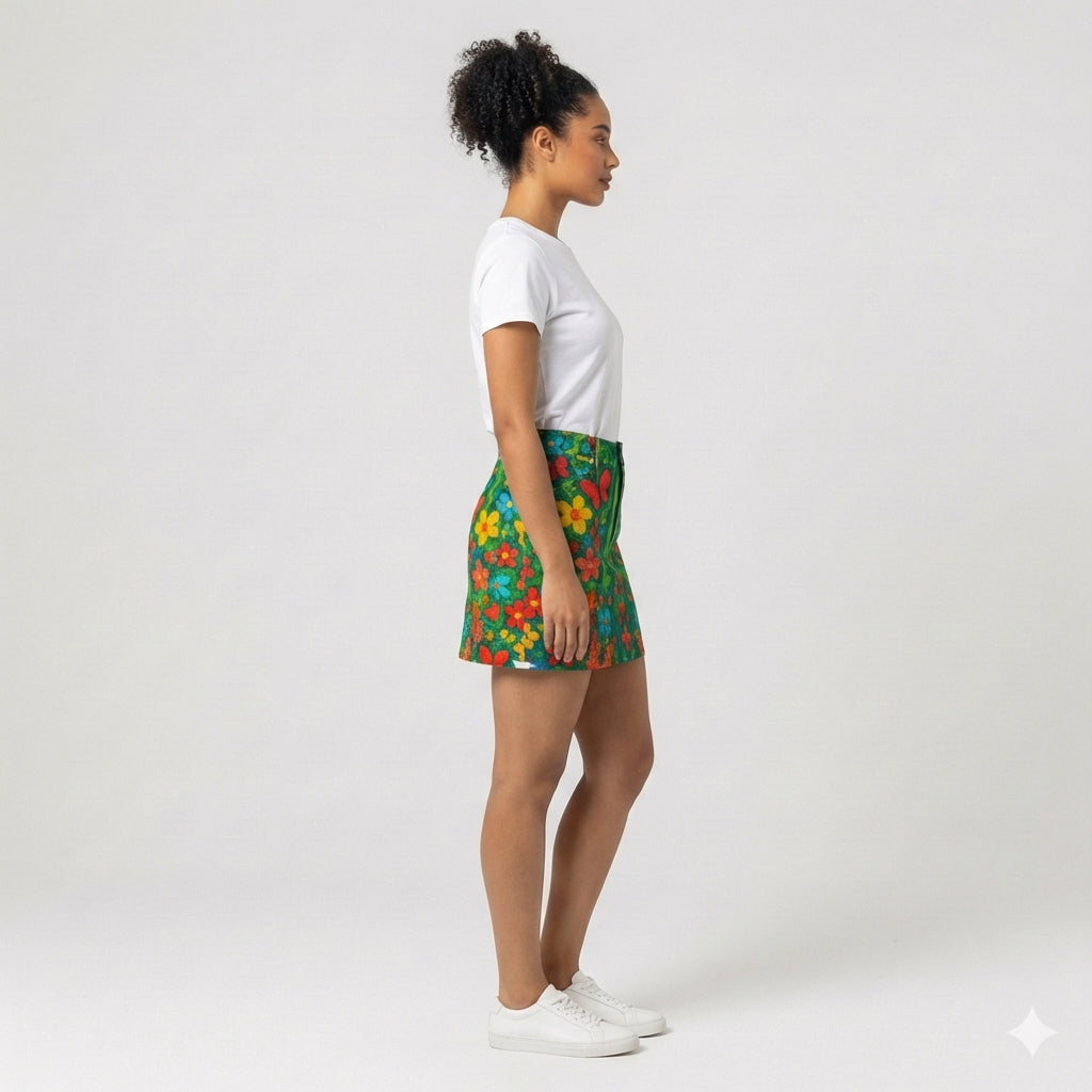 Denim Mini Skirt Butterfly Flowers