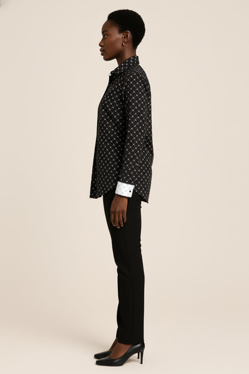 Crown and Lines Silver on Black Button Front Shirt