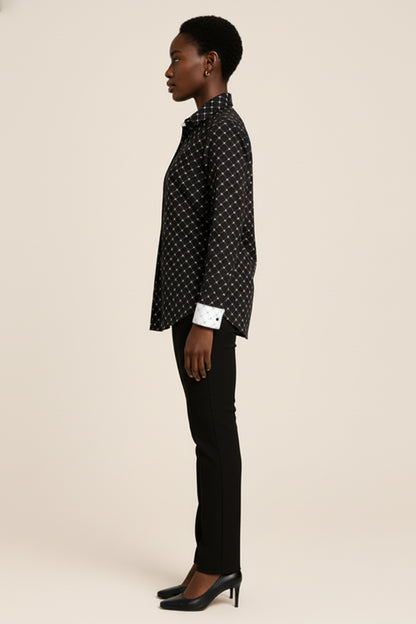 Crown and Lines Silver on Black Button Front Shirt