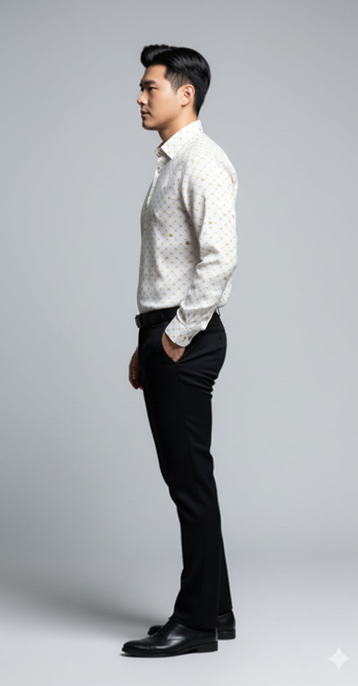 Crown and Lines Gold on White Structured Linen Dress Shirt with Franklin Spread Collar