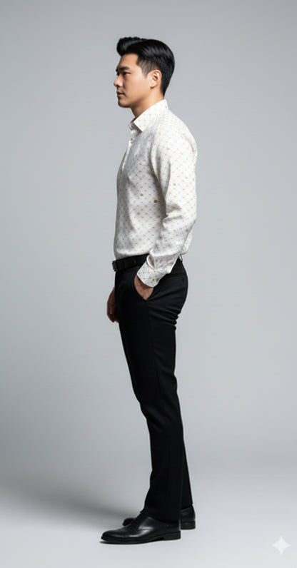 Crown and Lines Gold on White Structured Linen Dress Shirt with Franklin Spread Collar