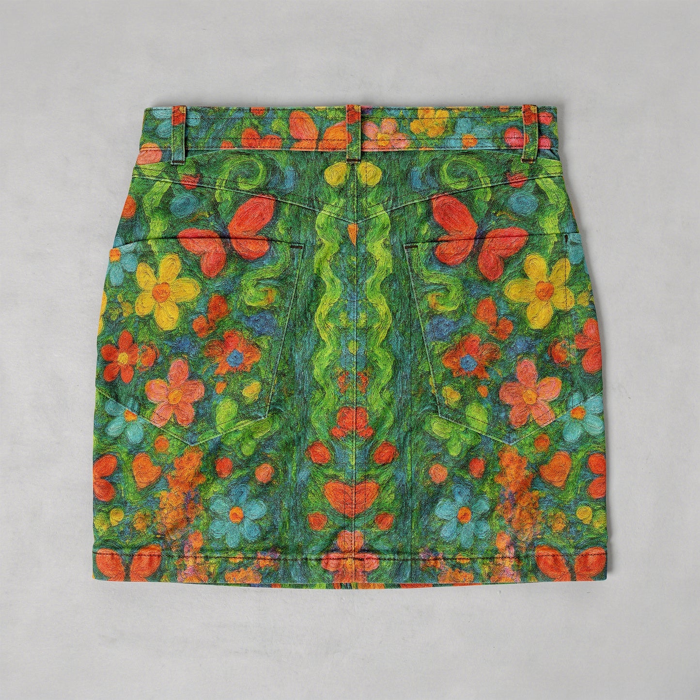 Denim Mini Skirt Butterfly Flowers