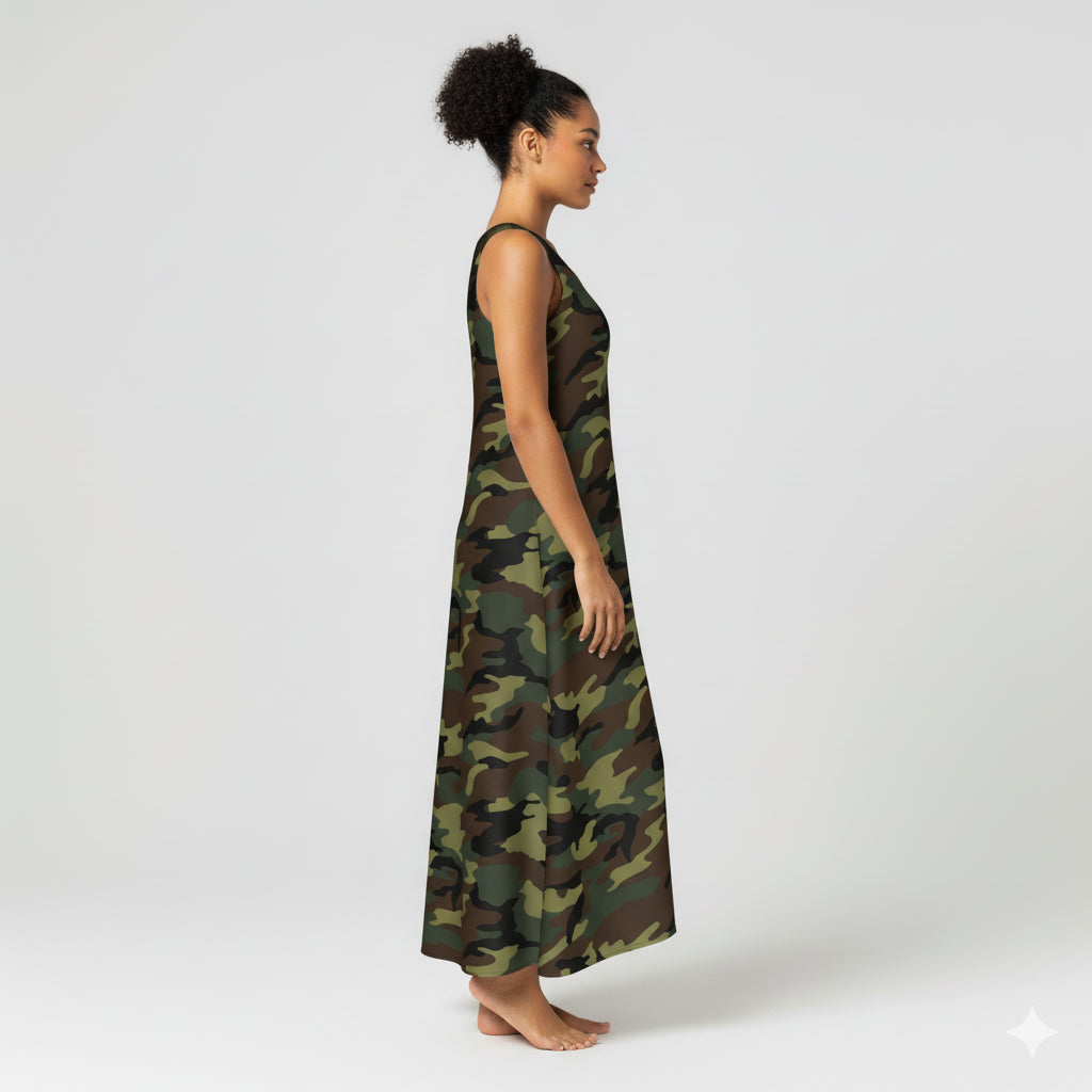 V-Neck A-Line Dress in Camouflage Print