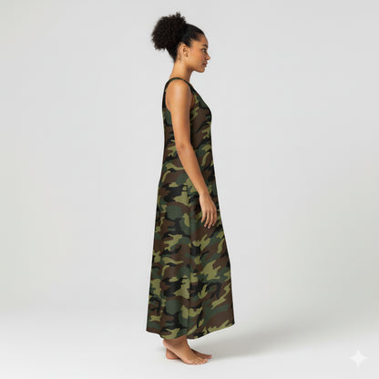 V-Neck A-Line Dress in Camouflage Print