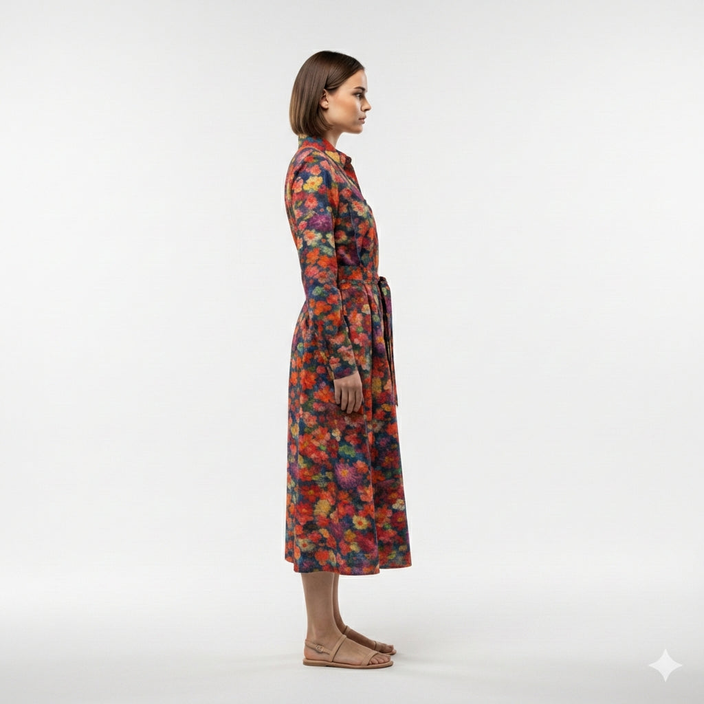 Button Front Shirt Dress Red Flower Bed