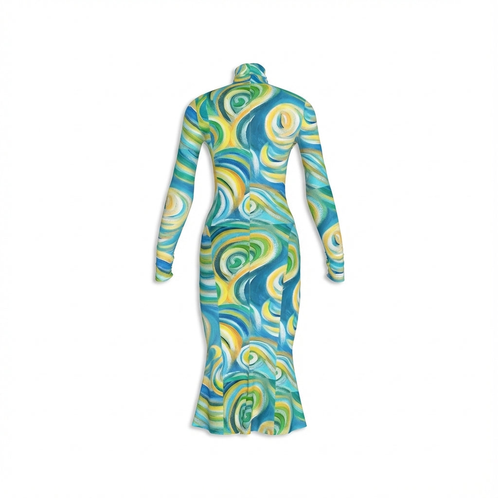 Sarong Maxi Turtleneck Body Con Dress Sea Swirls