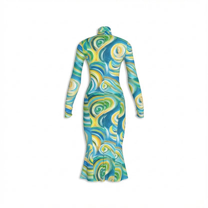 Sarong Maxi Turtleneck Body Con Dress Sea Swirls