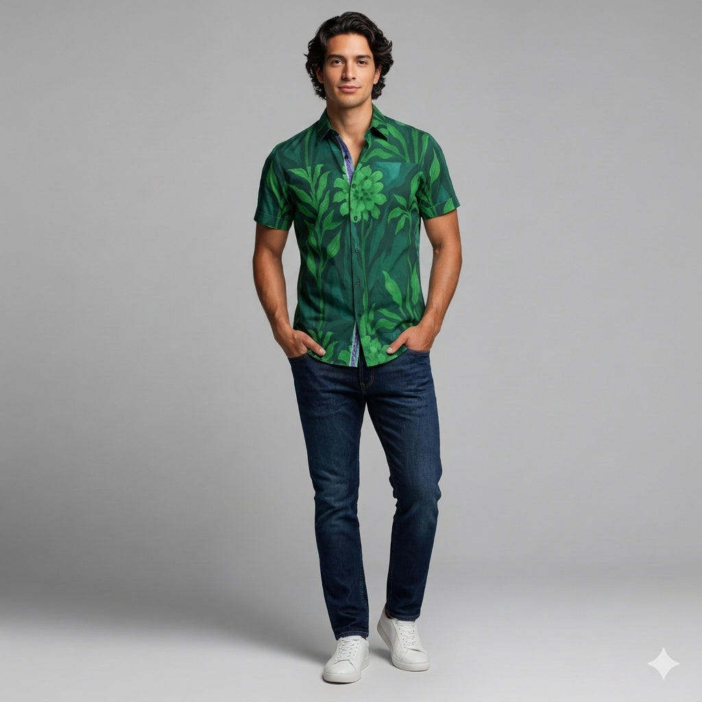 Men's Dress Shirt Green Flowers - Short Sleeve