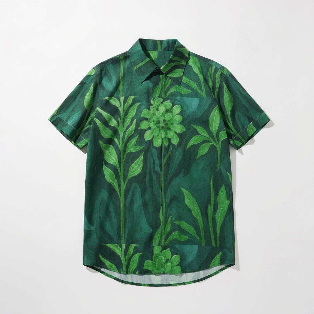 Men's Dress Shirt Green Flowers - Short Sleeve