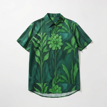 Men's Dress Shirt Green Flowers - Short Sleeve