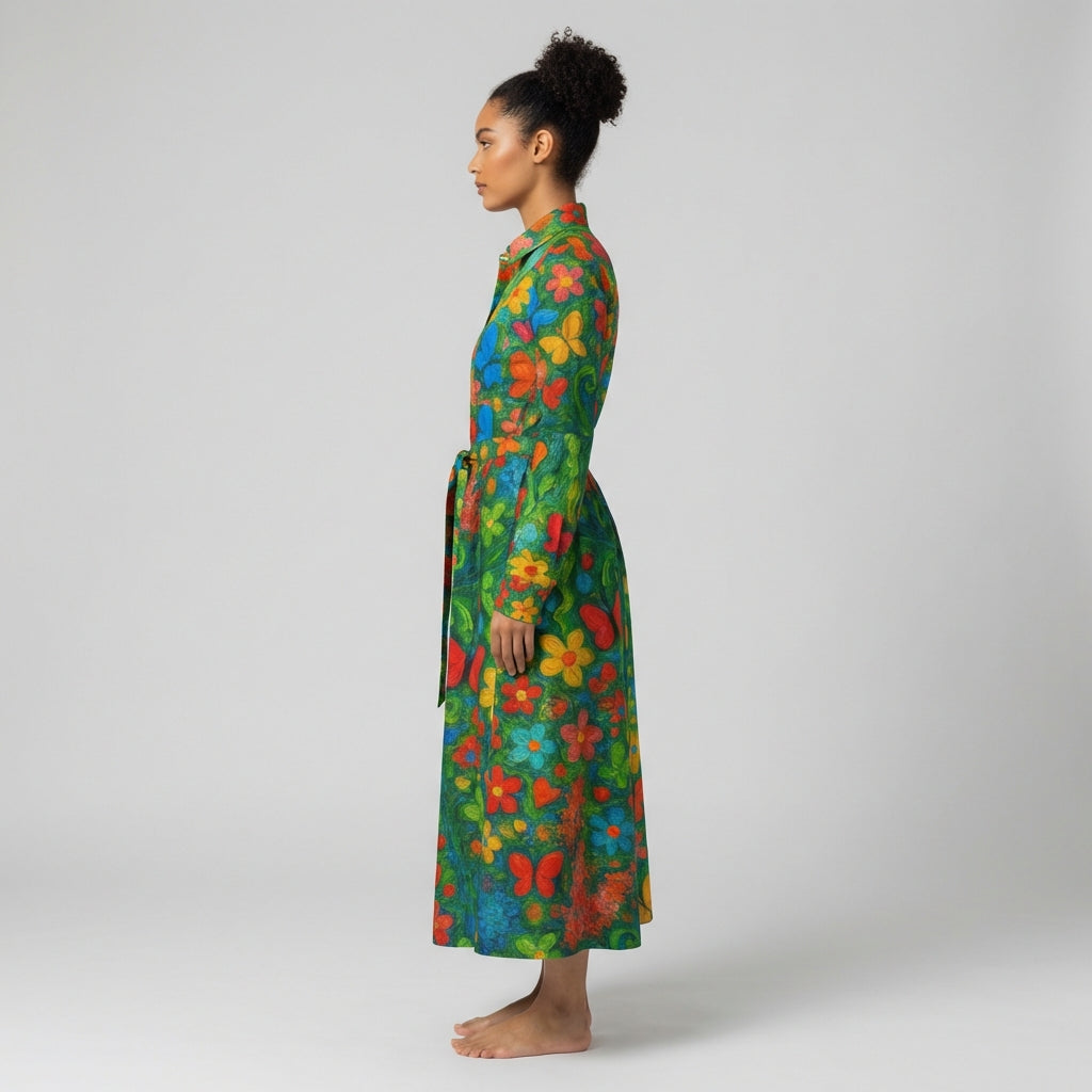 Button Front Shirt Dress Butterfly Flowers