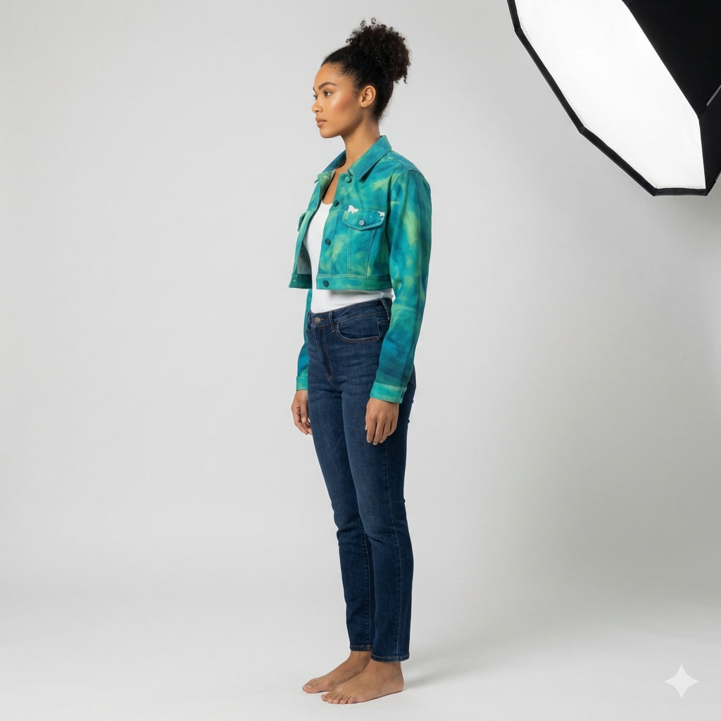 Cropped Jean Cotton Jacket Turquoise Watercolors