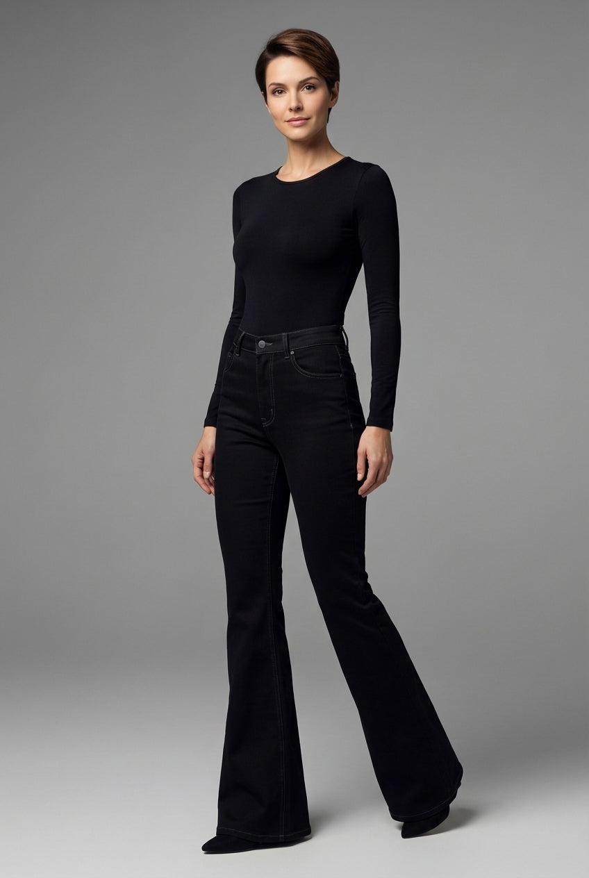 Bell Bottom Jeans in Star Print Heavyweight Stretch Denim