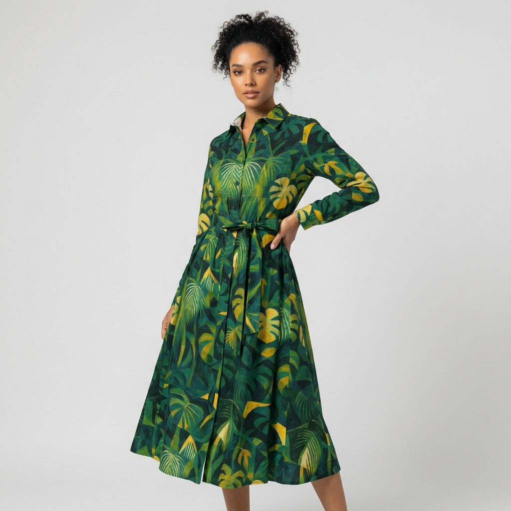Button Front Shirt Dress Green Leaves