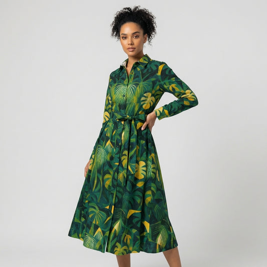 Button Front Shirt Dress Green Leaves