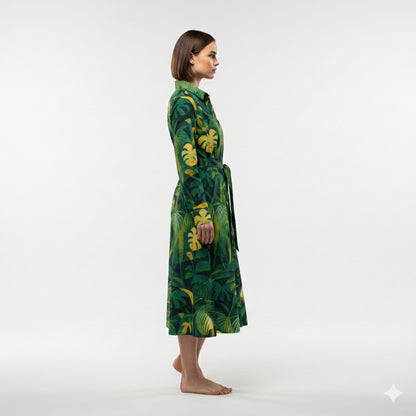 Button Front Shirt Dress Green Leaves