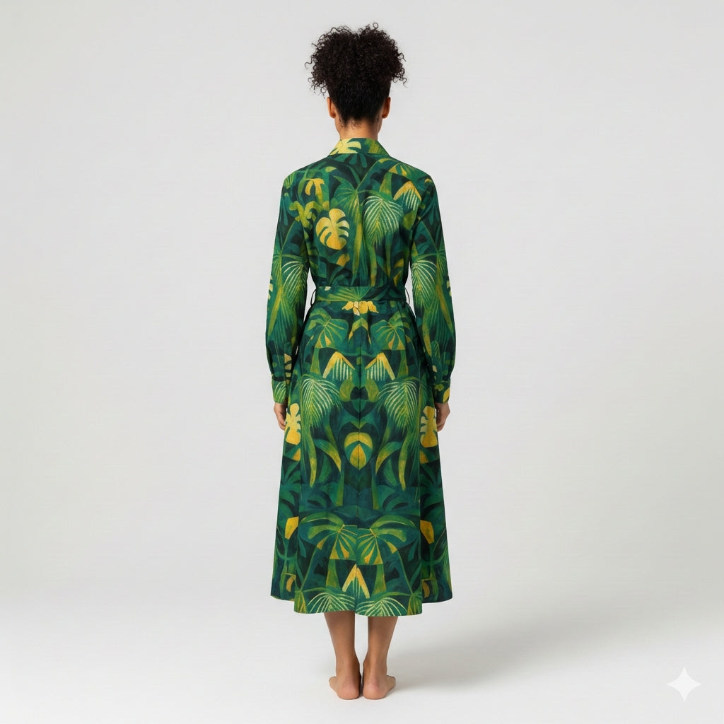 Button Front Shirt Dress Green Leaves
