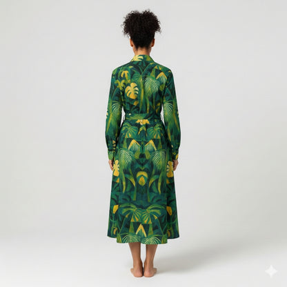 Button Front Shirt Dress Green Leaves