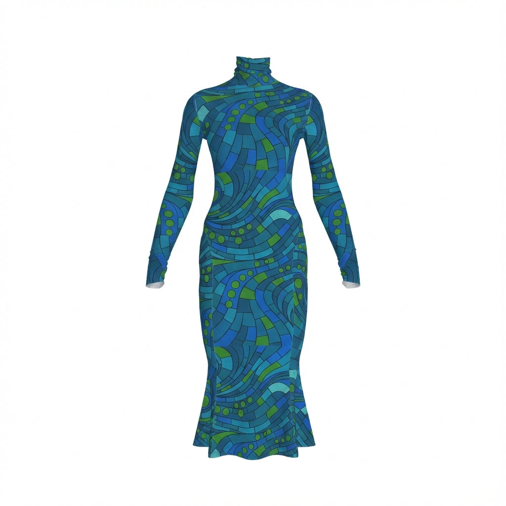 Sarong Maxi Turtleneck Body Con Dress Mosaic 11