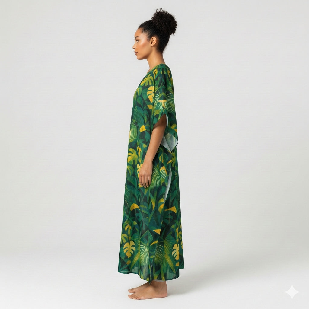 Caftan Green Leaves – Lightweight Organic Cotton Voile