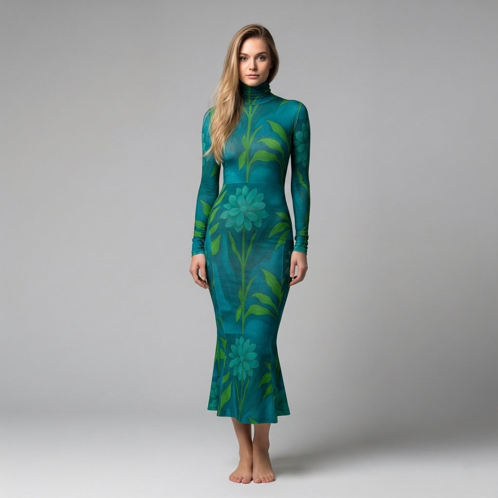 Sarong Maxi Turtleneck Body Con Dress Teal Flowers