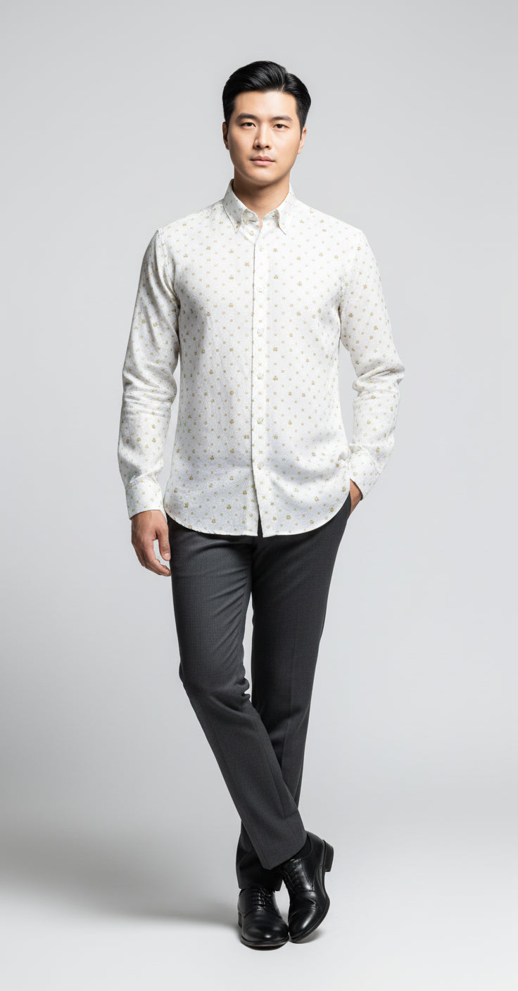 Crown and Lines Gold on White Structured Linen Dress Shirt with Franklin Spread Collar