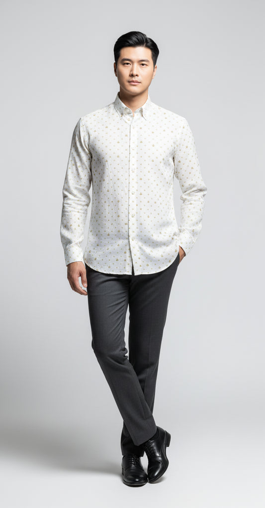 Crown and Lines Gold on White Structured Linen Dress Shirt with Franklin Spread Collar