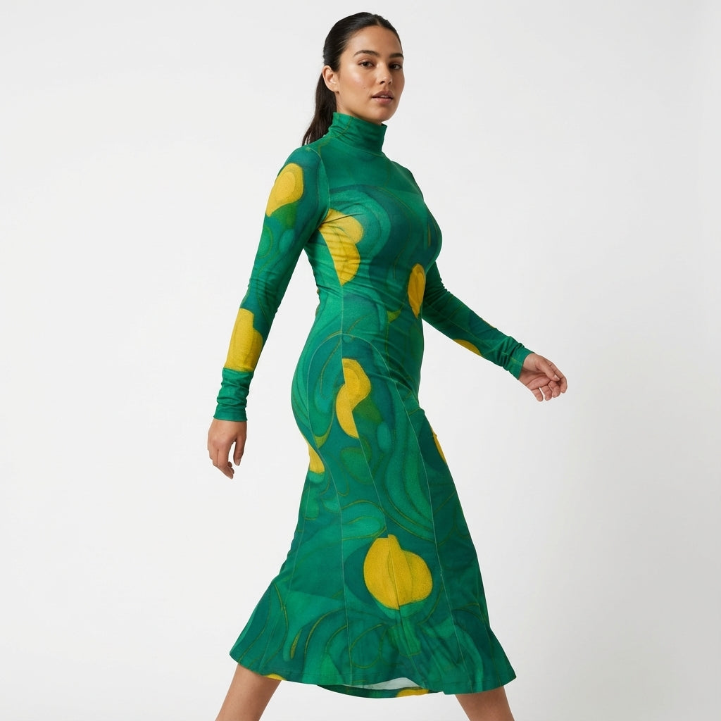  Sarong Maxi Turtleneck Body Con Dress Yellow Flowers