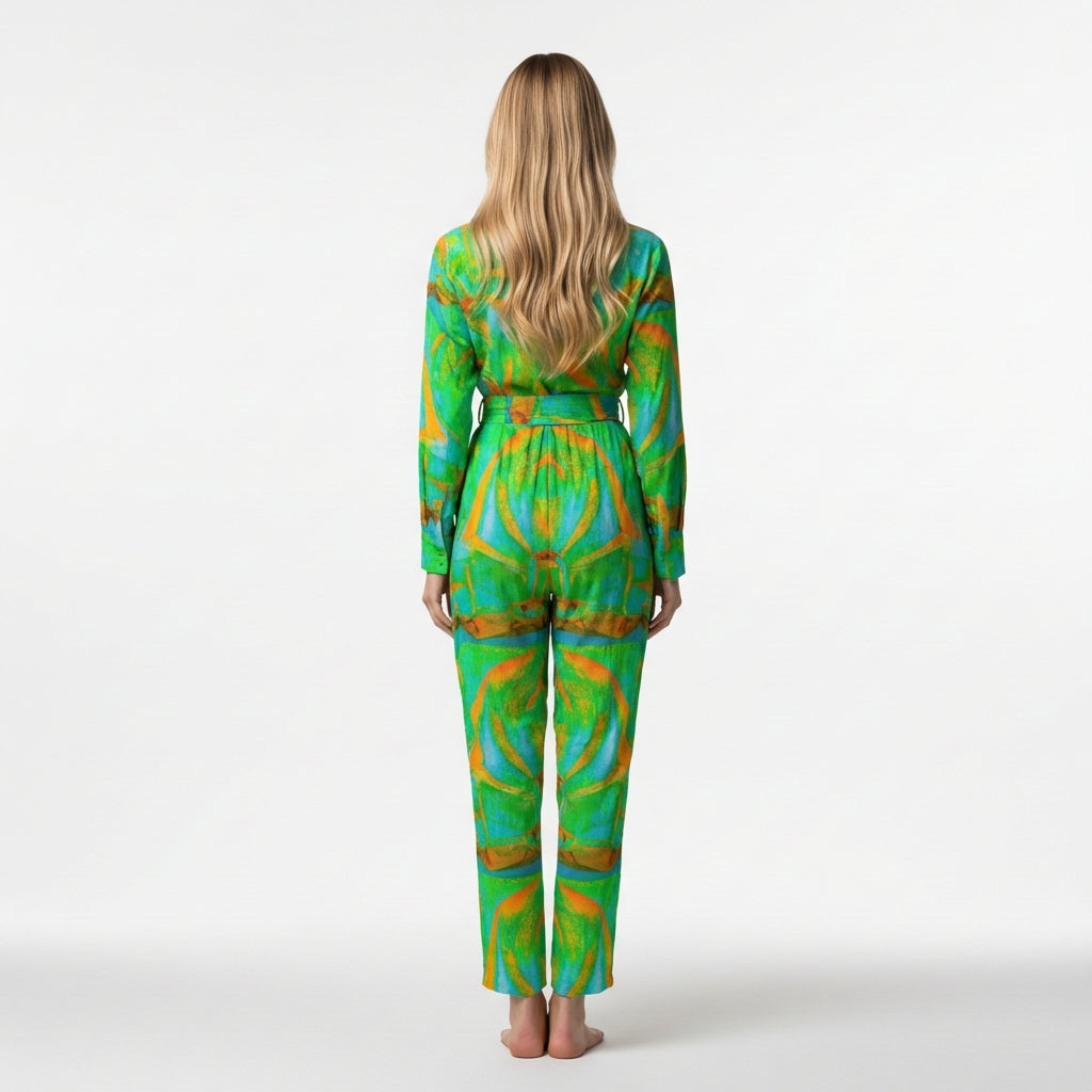 Lightweight Button Front Jumpsuit Palm Tree Island