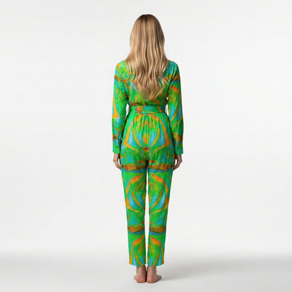 Lightweight Button Front Jumpsuit Palm Tree Island