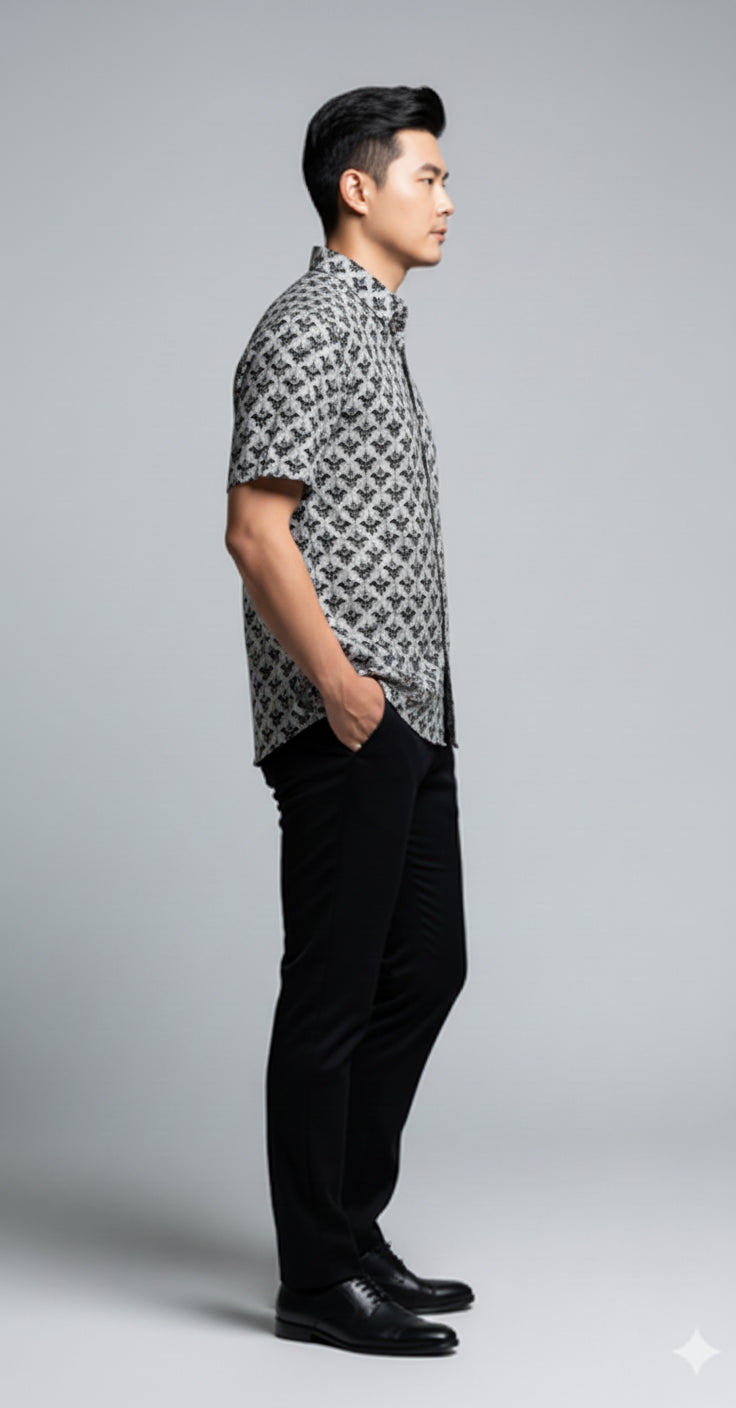 Bat Damask Short Sleeve Casual Shirt