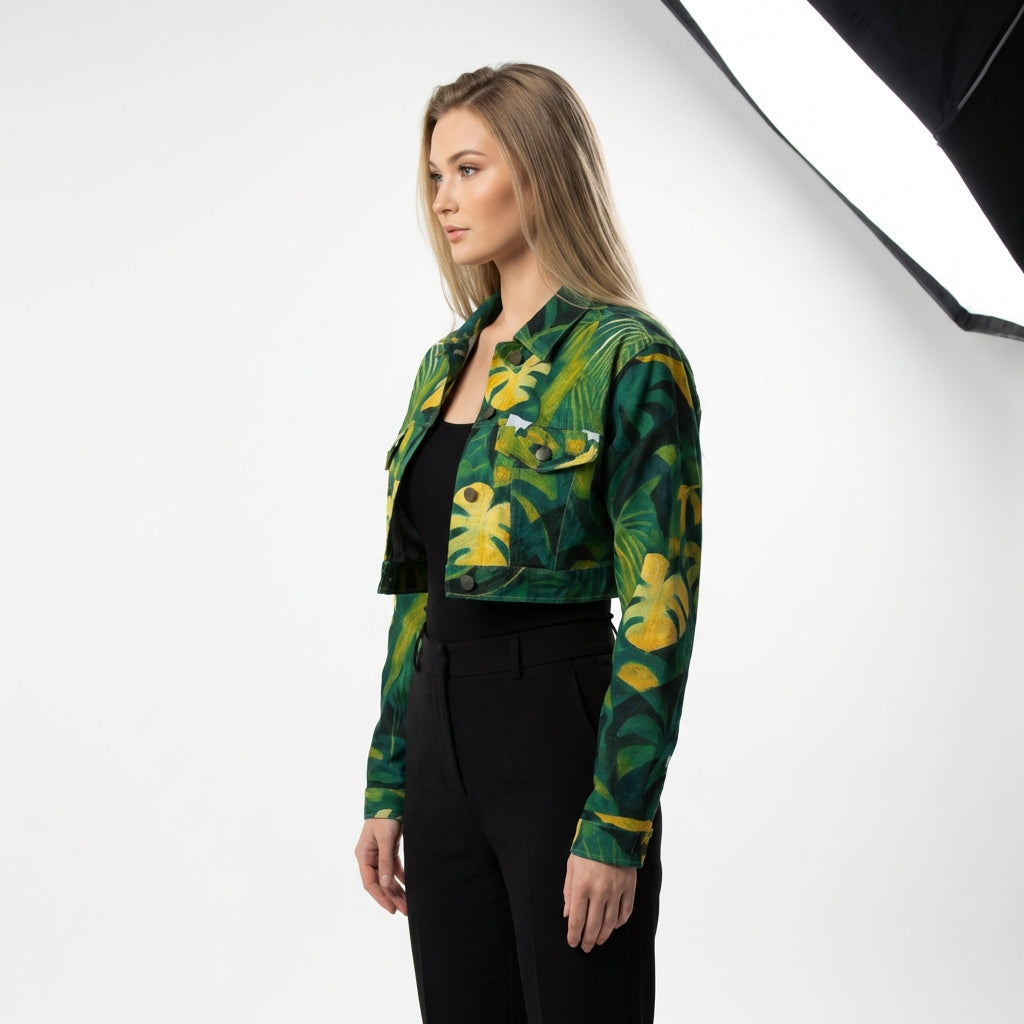 Cropped Jean Cotton Jacket Green Leaves