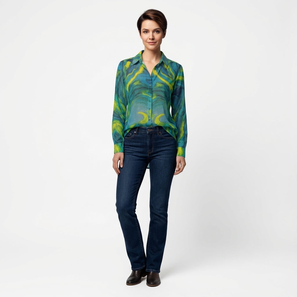 Women's Button Front Shirt Blue Jungle